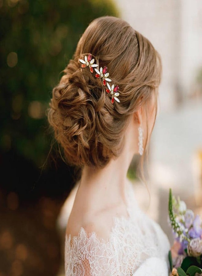 Dizila 7 Pieces Decorative Red Party Prom Wedding Bridal Rhinestone Hair Side Comb+U-shaped Hair Pins Accessories for Women Girls Brides Bridesmaids - Image 5